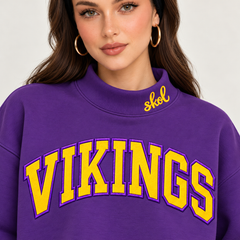 Stacked Vikings Appliqué Script Mock Neck