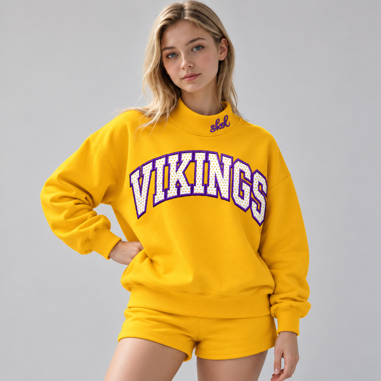 Vikings Doted Appliqué Embroidered Mock Neck Sweatshirt