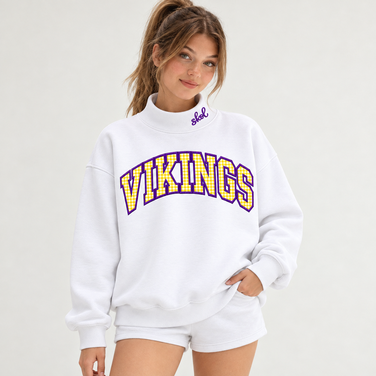 Patterned Fabric Appliqué Vikings Embroidered Mock Neck Oversized Fit