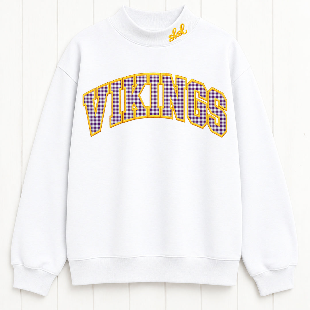 Gingham Vikings Mock Neck Sweatshirt | Appliqué Embroidered