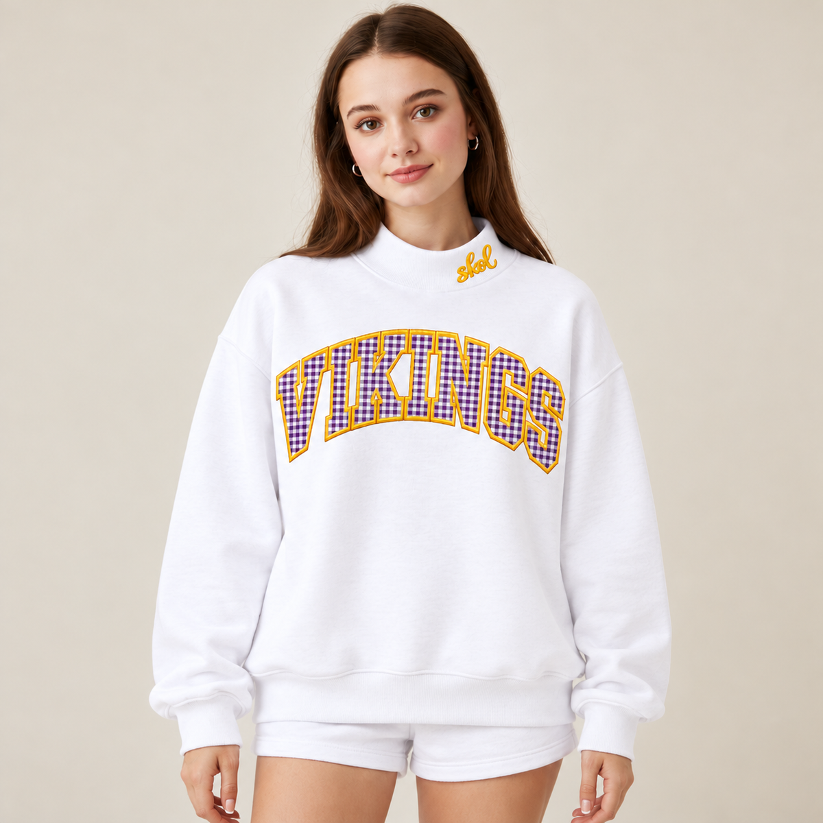 Gingham Vikings Mock Neck Sweatshirt | Appliqué Embroidered