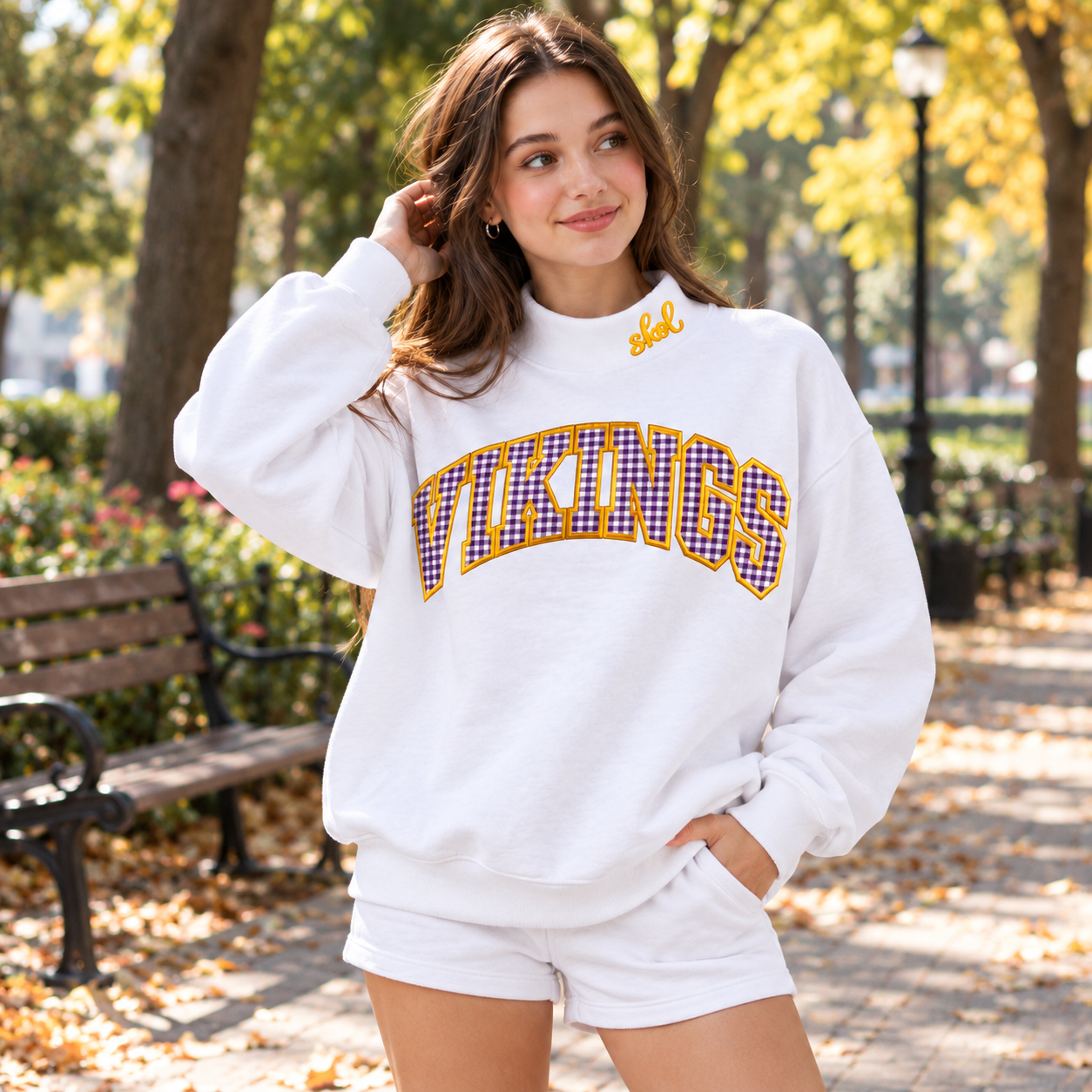 Gingham Vikings Mock Neck Sweatshirt | Appliqué Embroidered