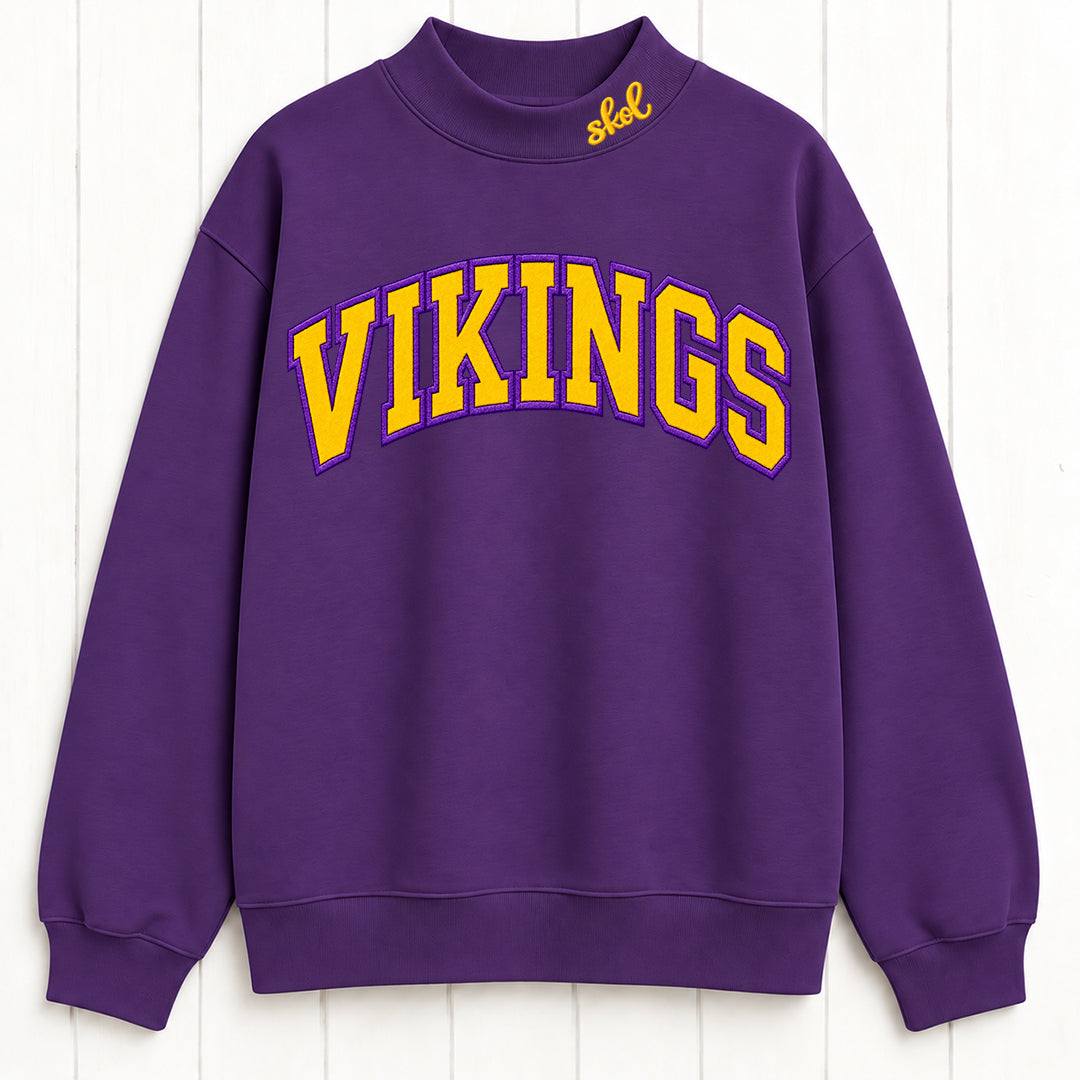 Stacked Vikings Appliqué Script Mock Neck