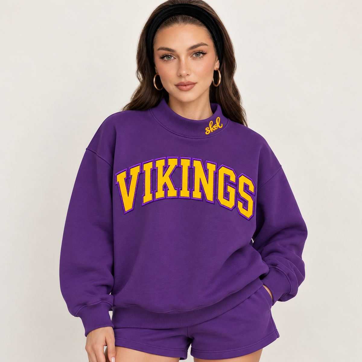 Stacked Vikings Appliqué Script Mock Neck