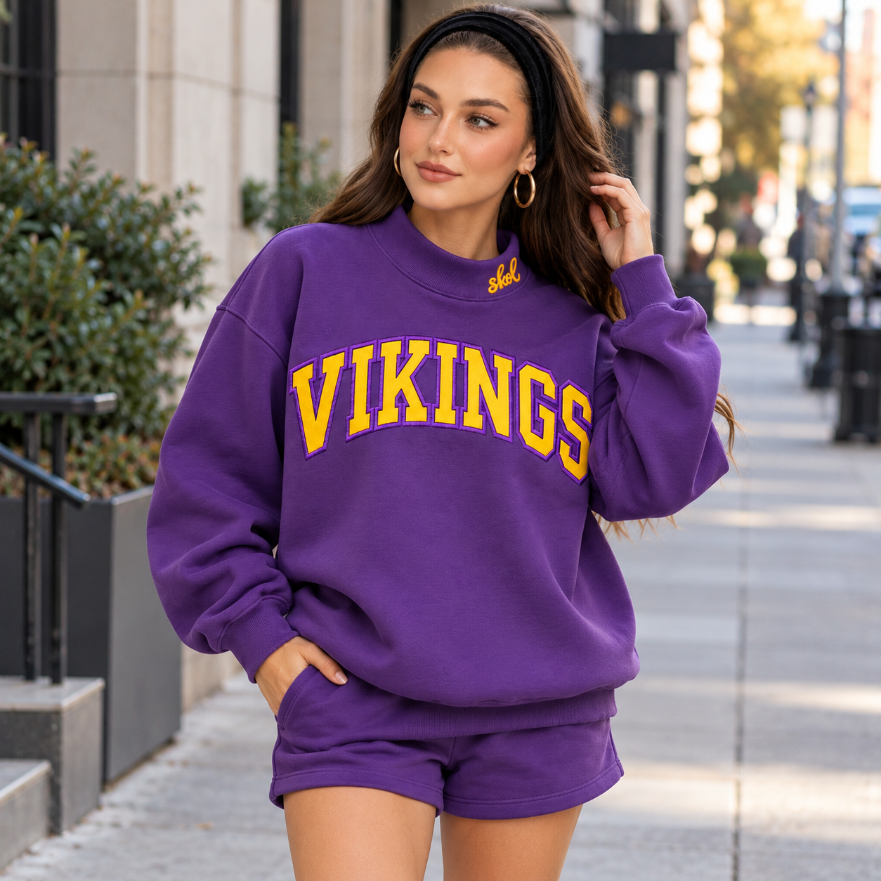 Stacked Vikings Appliqué Script Mock Neck