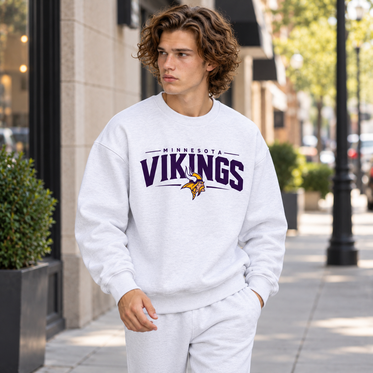 Minnesota Vikings Modern Bar Crest Print Crewneck Slouchy Sweatshirt