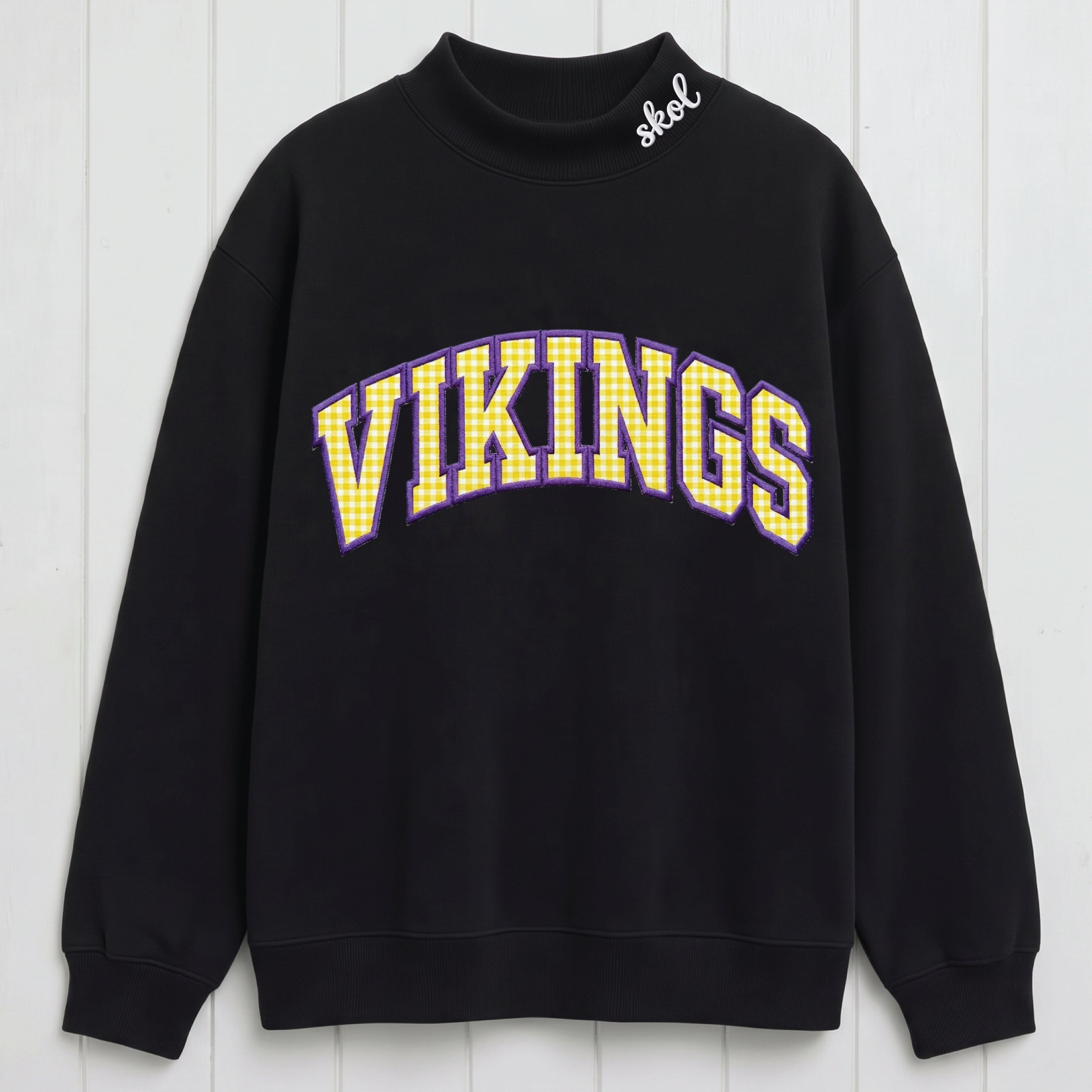 Patterned Fabric Appliqué Vikings Embroidered Mock Neck Oversized Fit