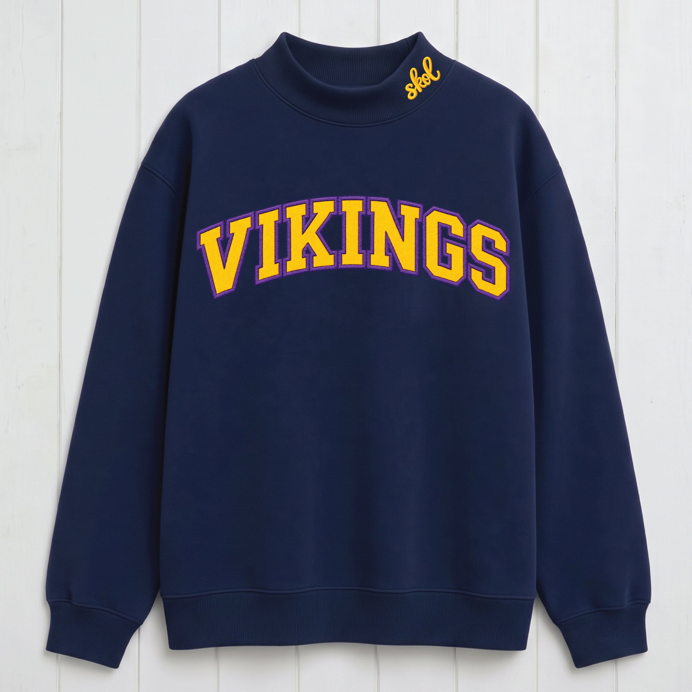 Stacked Vikings Appliqué Script Mock Neck