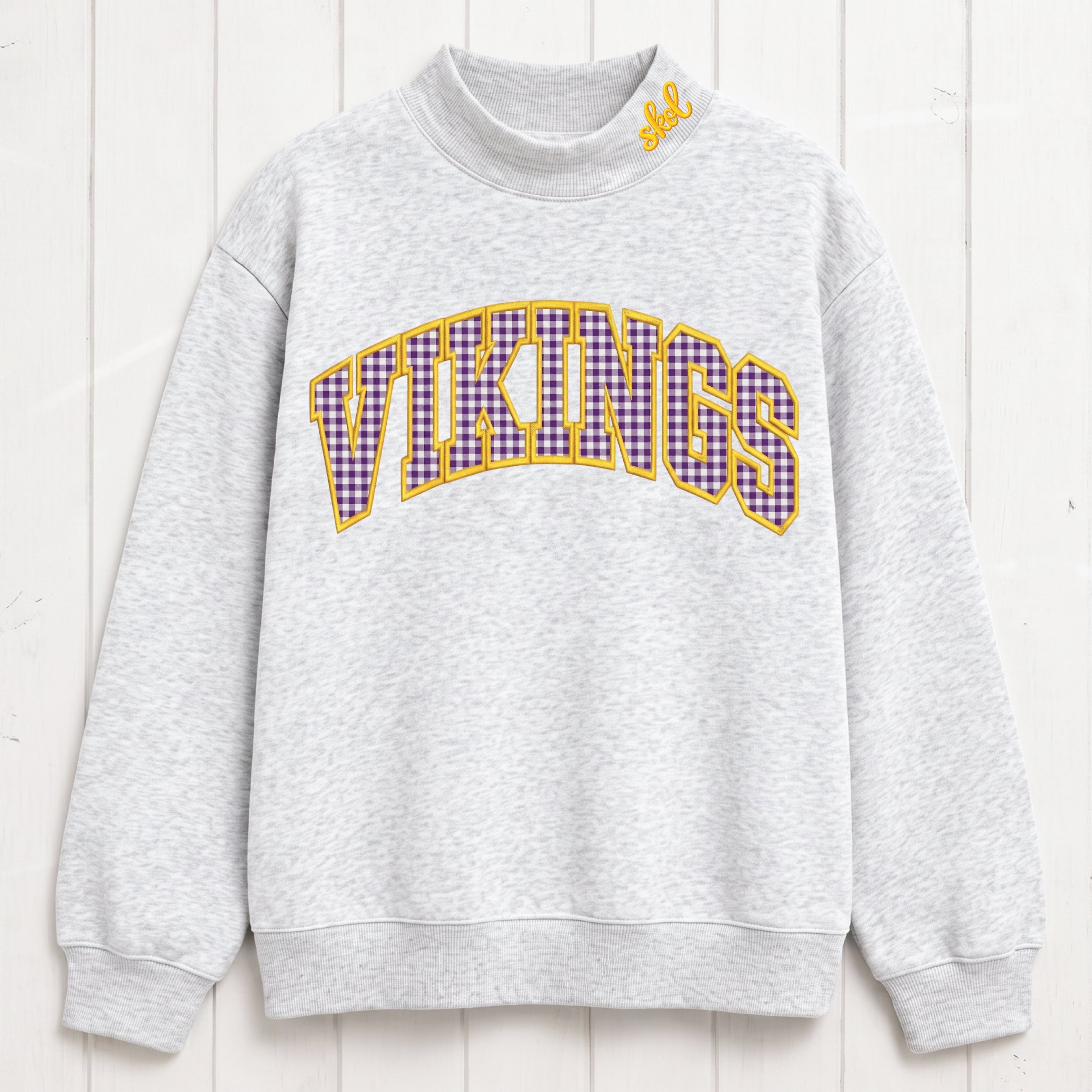 Gingham Vikings Mock Neck Sweatshirt | Appliqué Embroidered