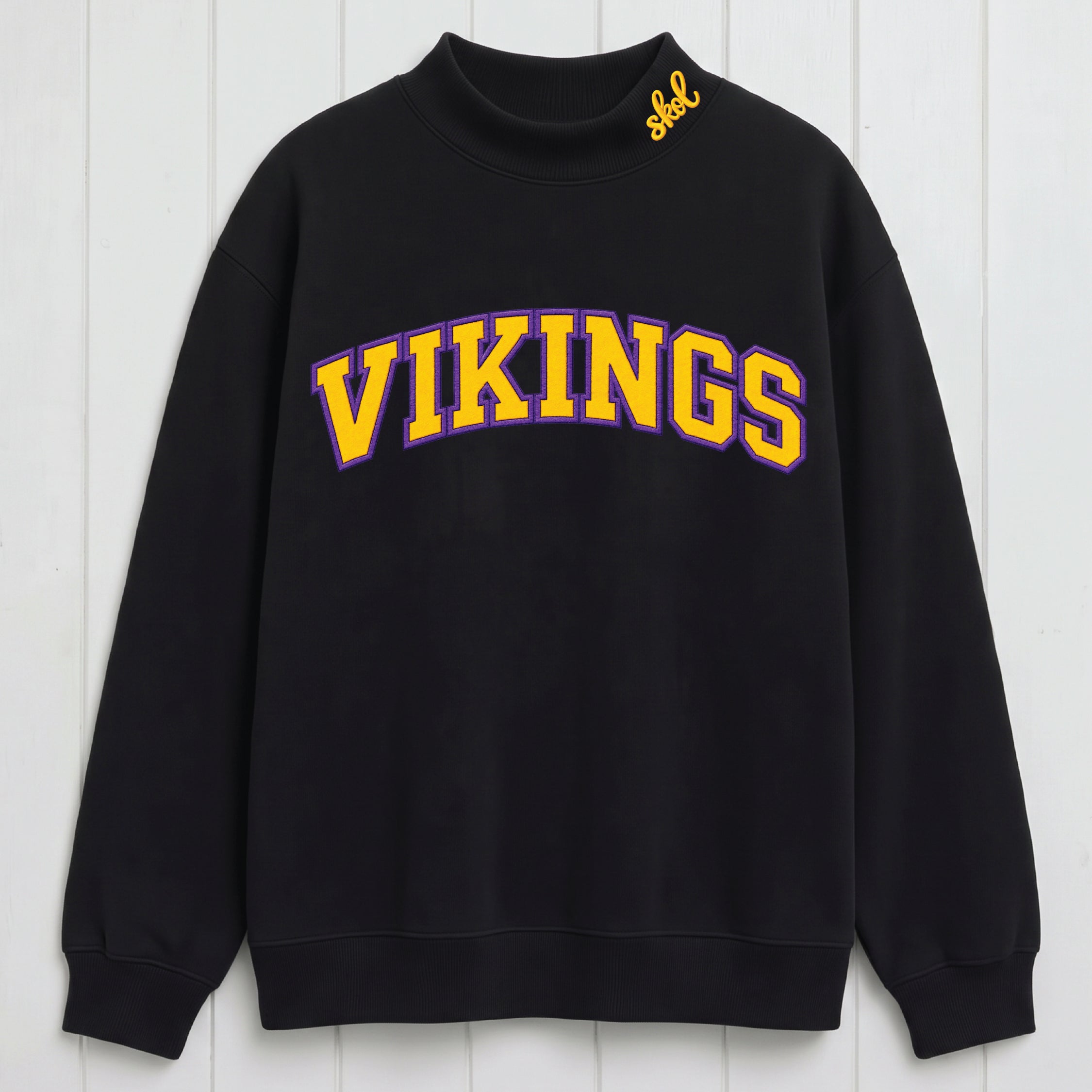 Stacked Vikings Appliqué Script Mock Neck