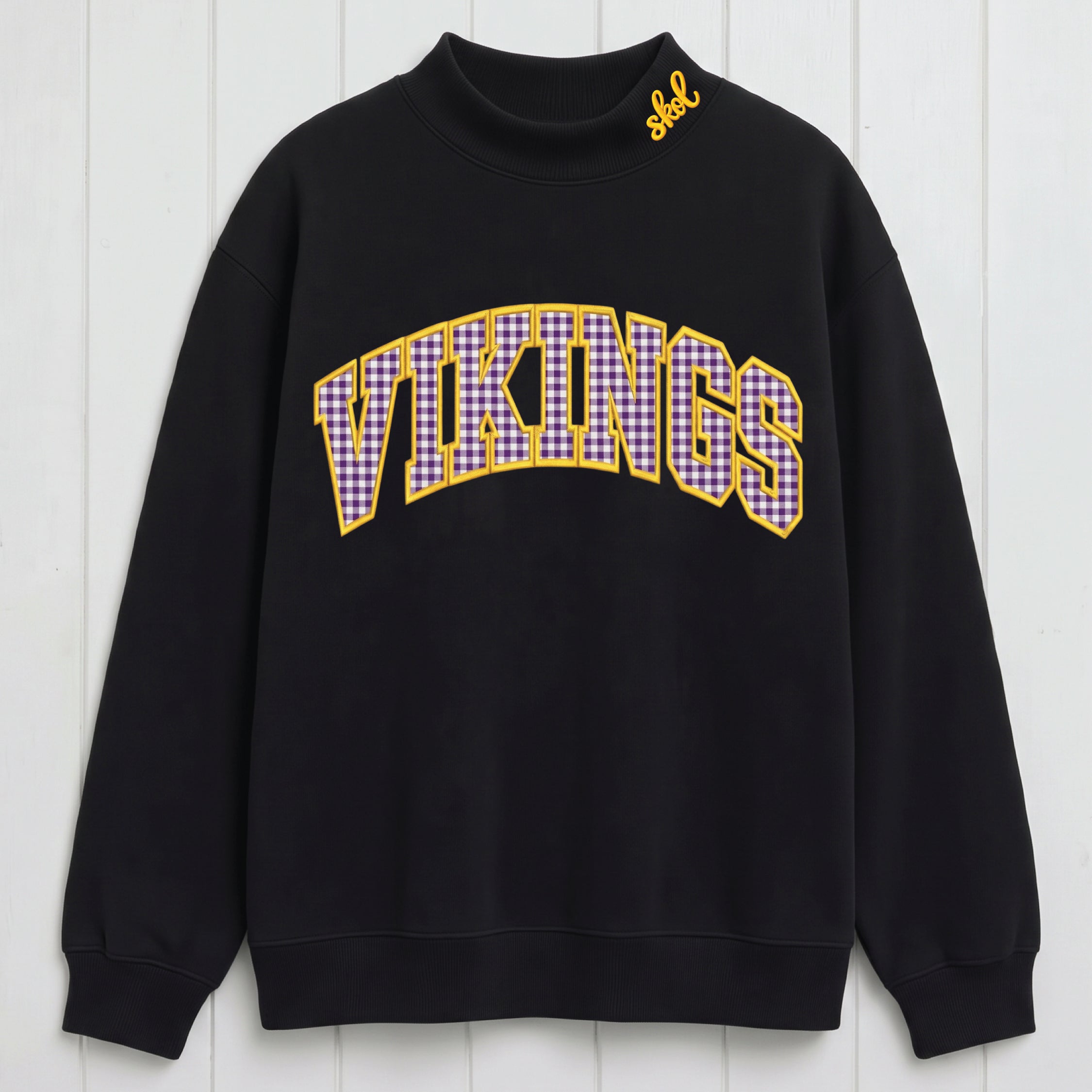 Gingham Vikings Mock Neck Sweatshirt | Appliqué Embroidered