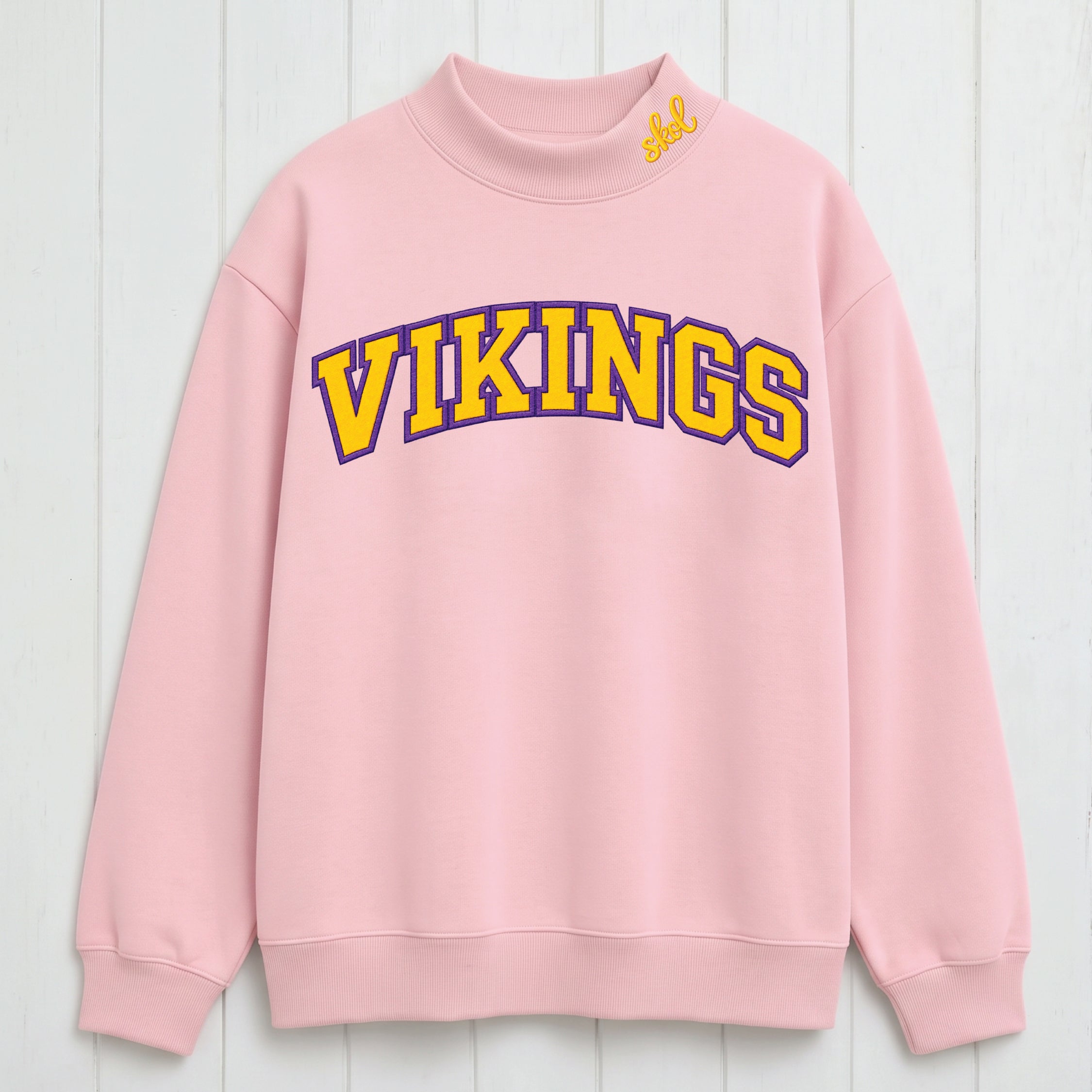 Stacked Vikings Appliqué Script Mock Neck