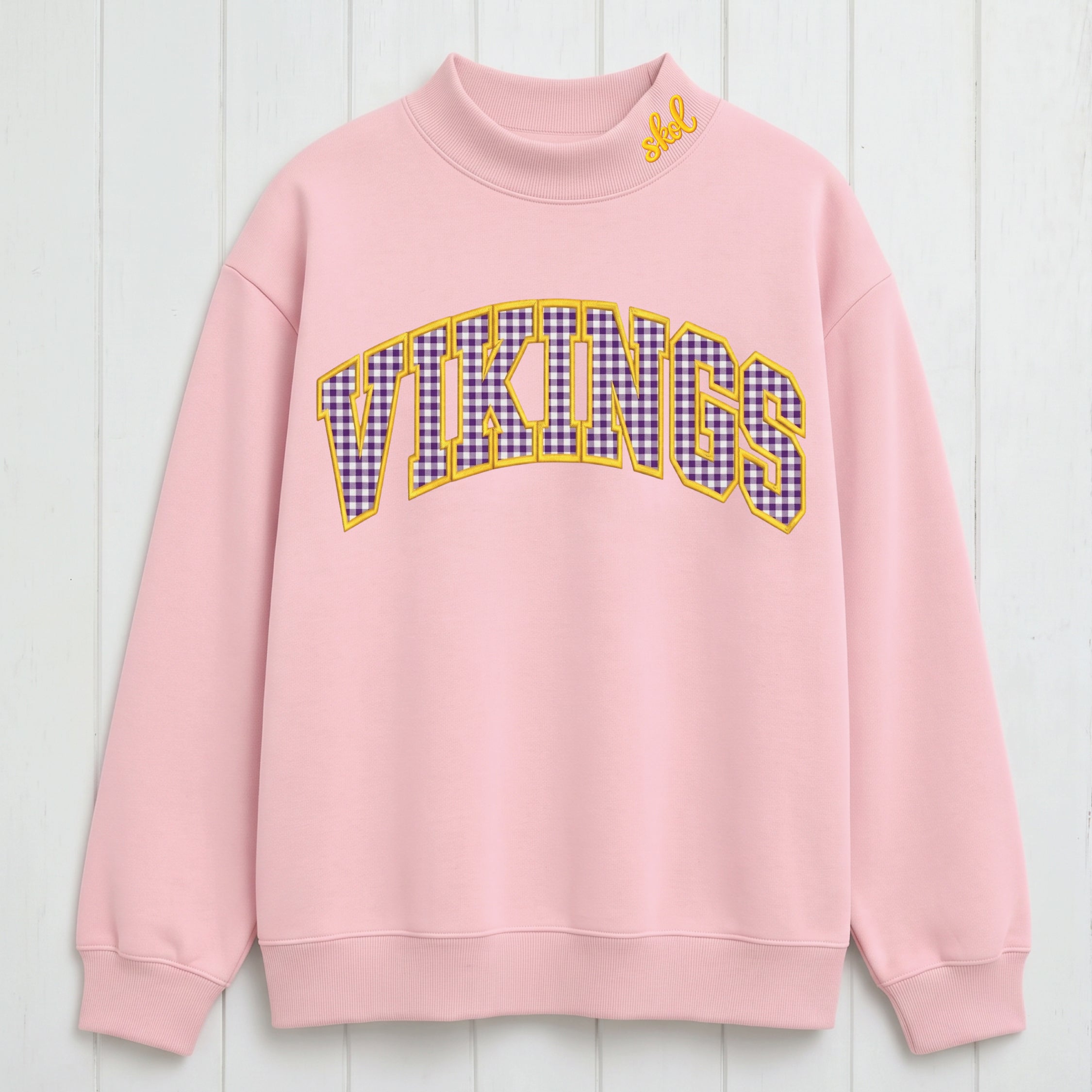 Gingham Vikings Mock Neck Sweatshirt | Appliqué Embroidered