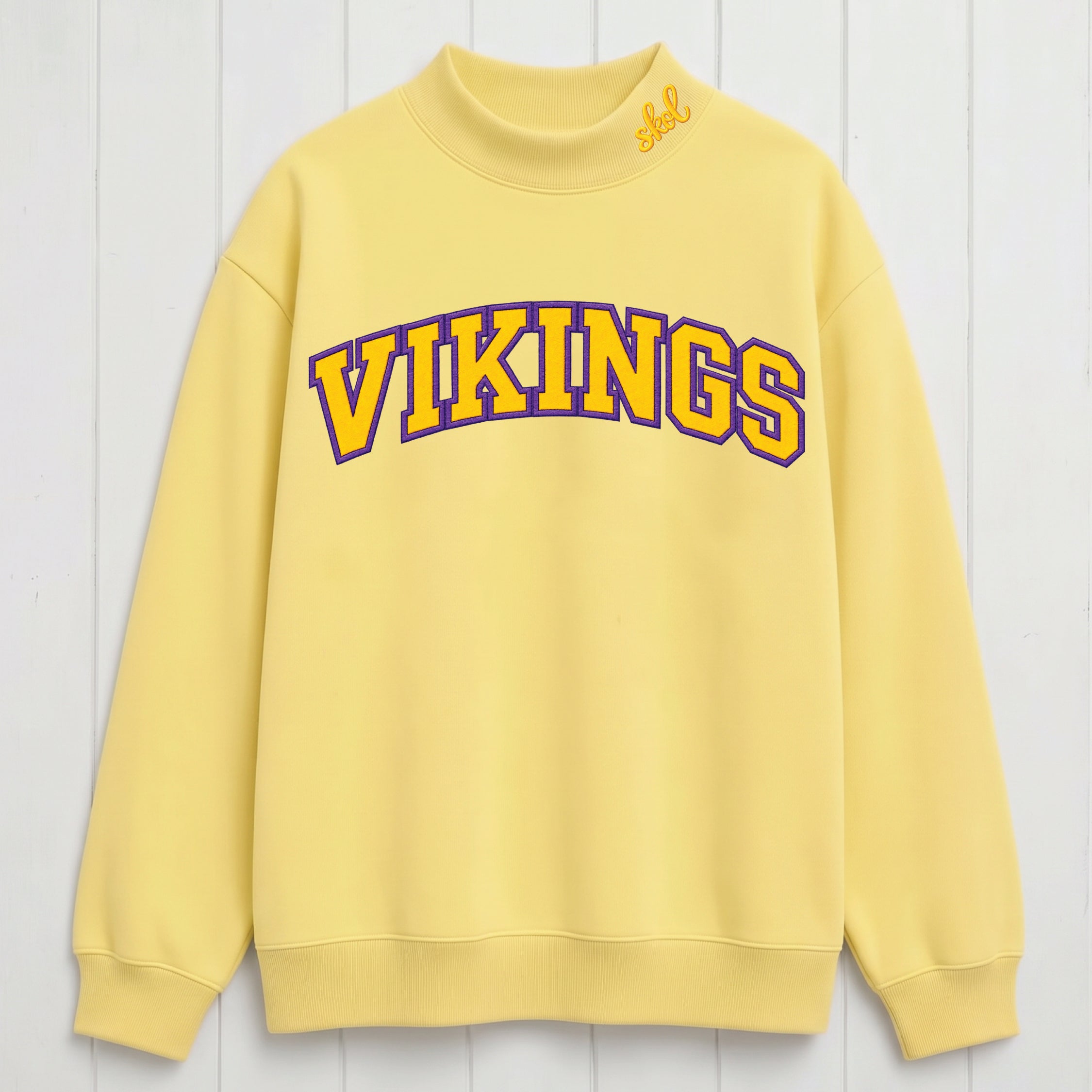 Stacked Vikings Appliqué Script Mock Neck