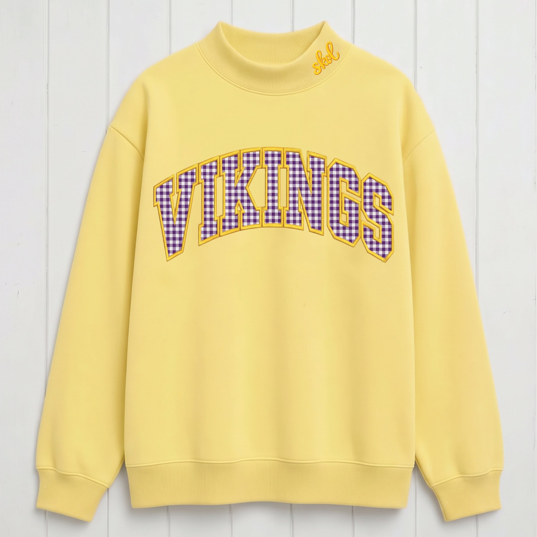 Gingham Vikings Mock Neck Sweatshirt | Appliqué Embroidered