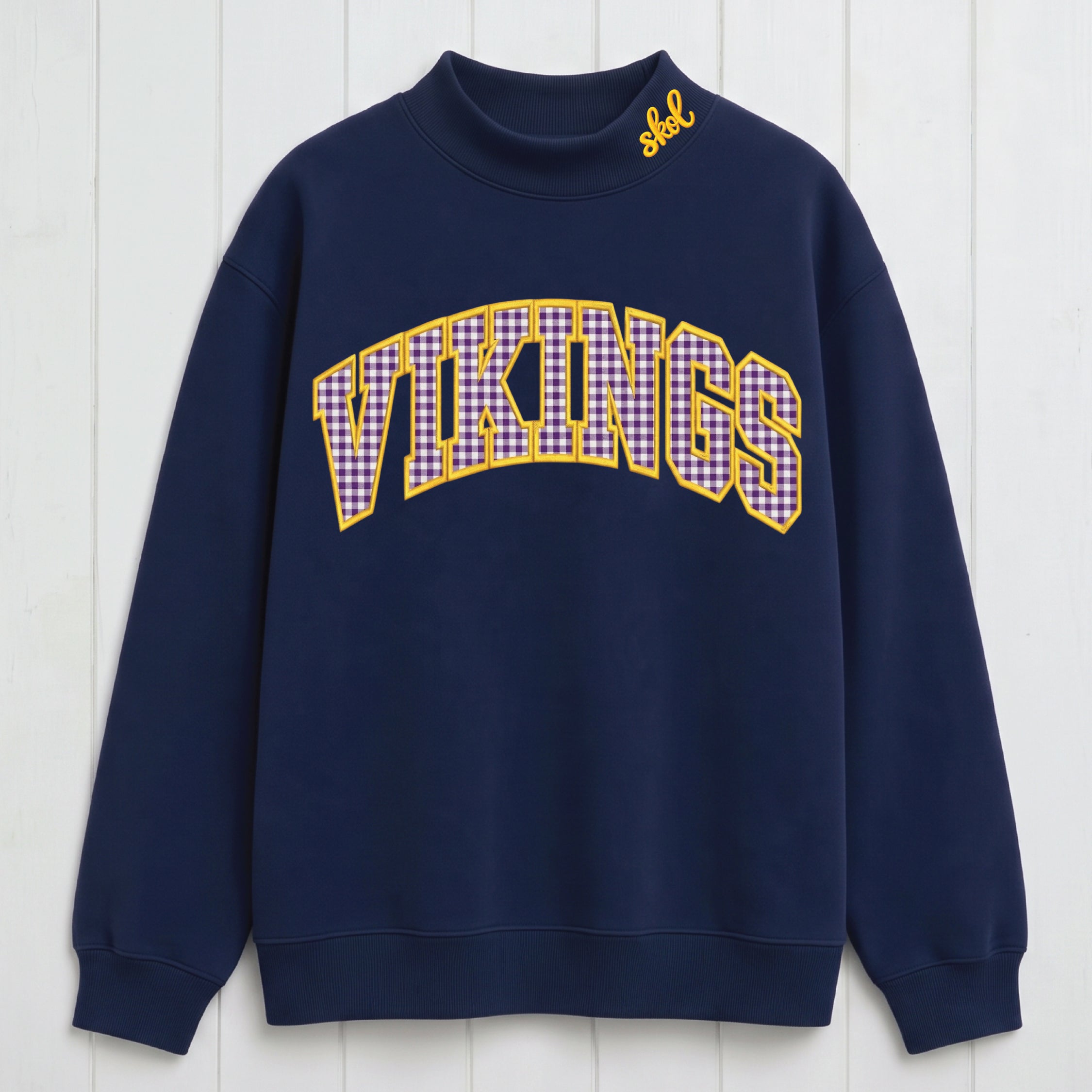 Gingham Vikings Mock Neck Sweatshirt | Appliqué Embroidered