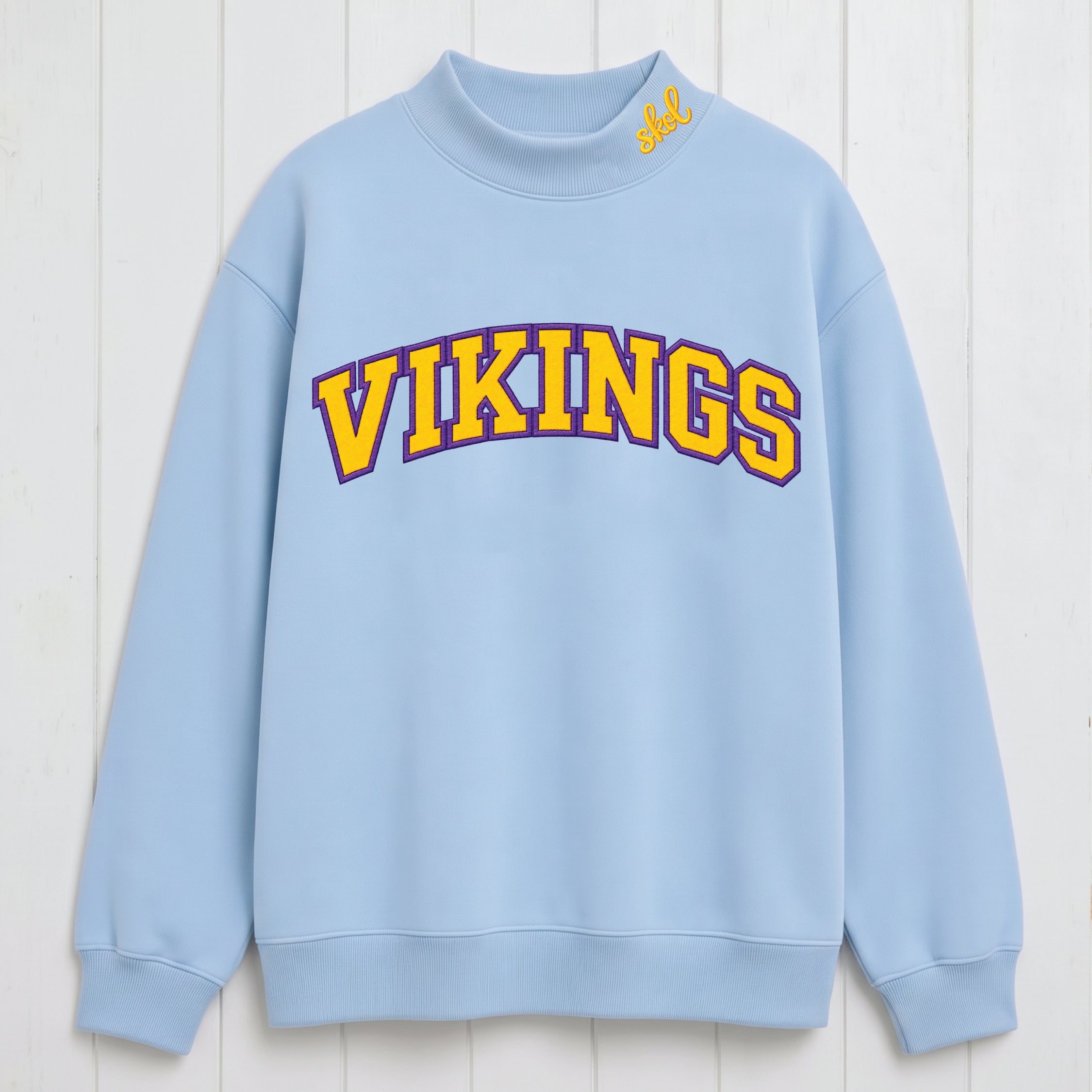 Stacked Vikings Appliqué Script Mock Neck