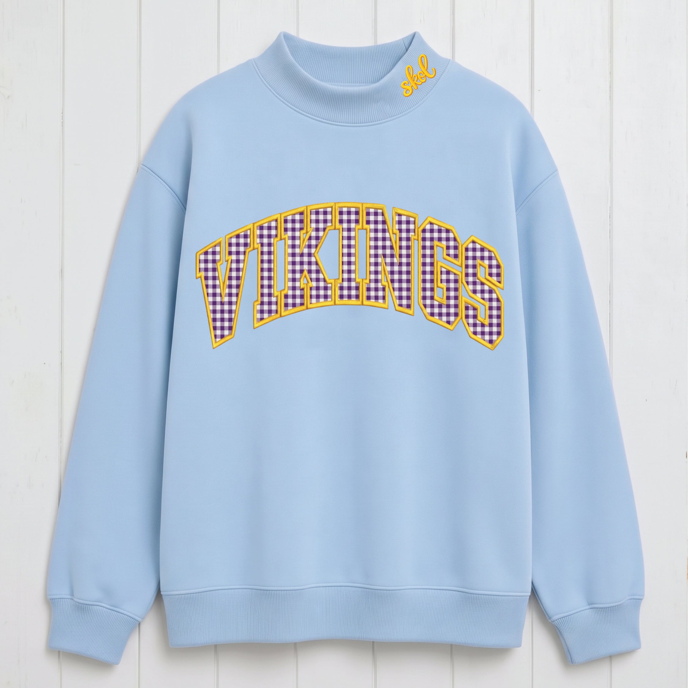 Gingham Vikings Mock Neck Sweatshirt | Appliqué Embroidered