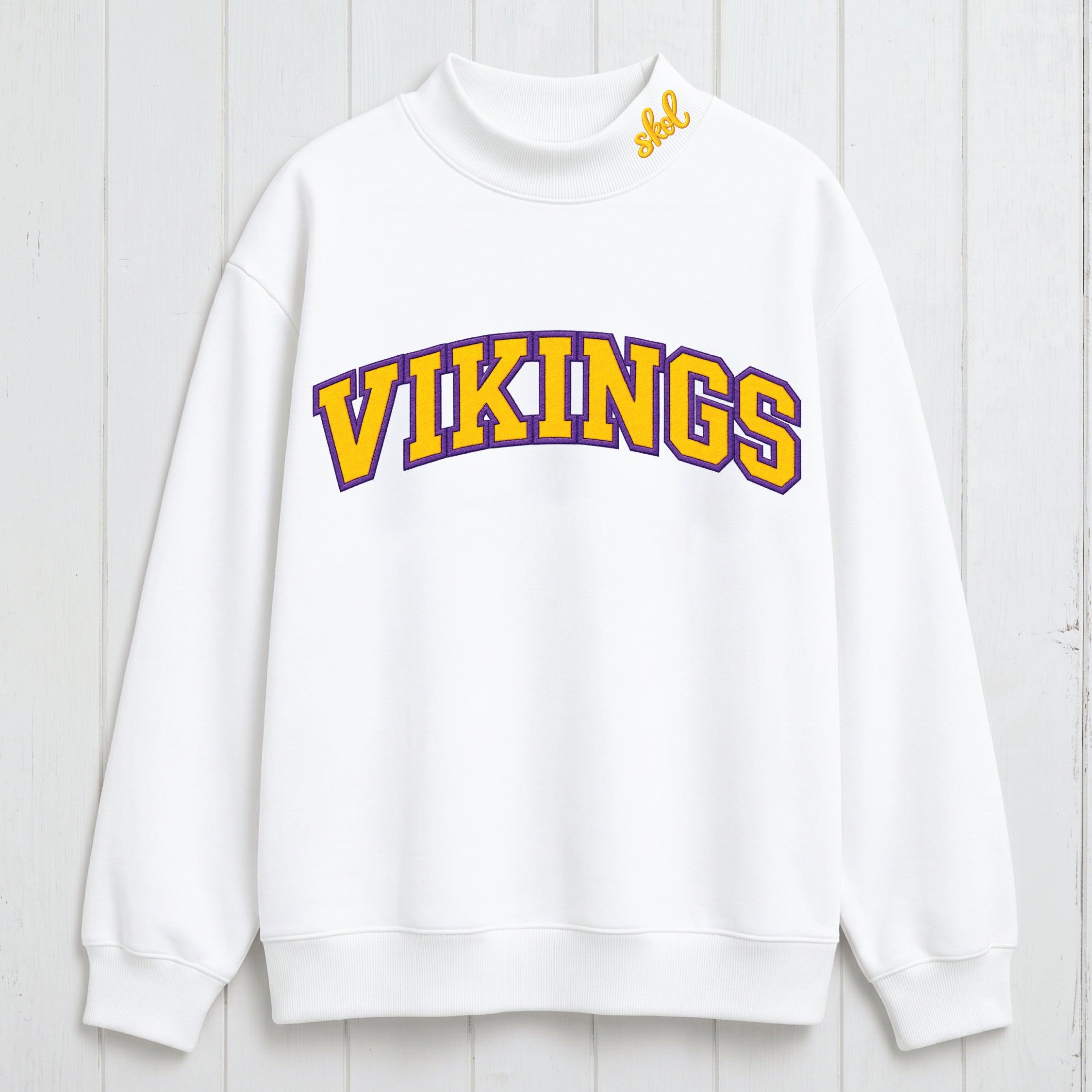 Stacked Vikings Appliqué Script Mock Neck