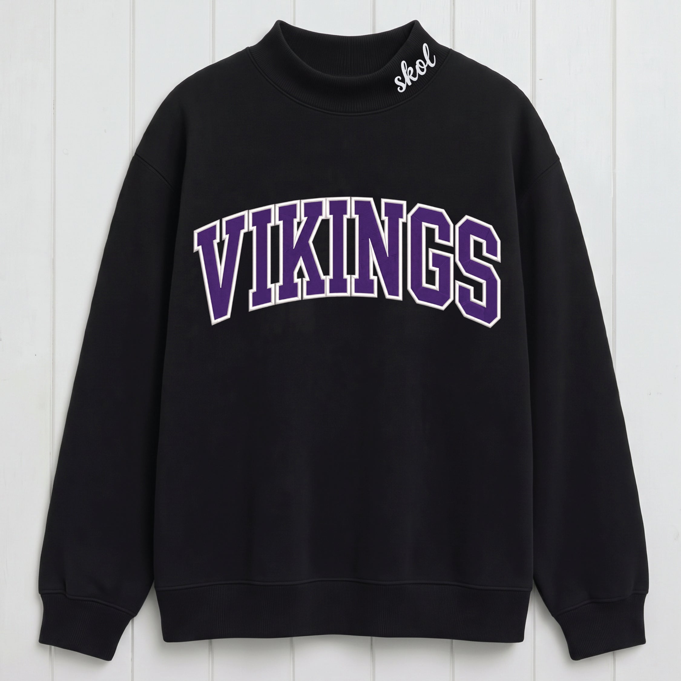 Vikings Chest Appliqué  Embroidered Mock Neck Sweatshirt