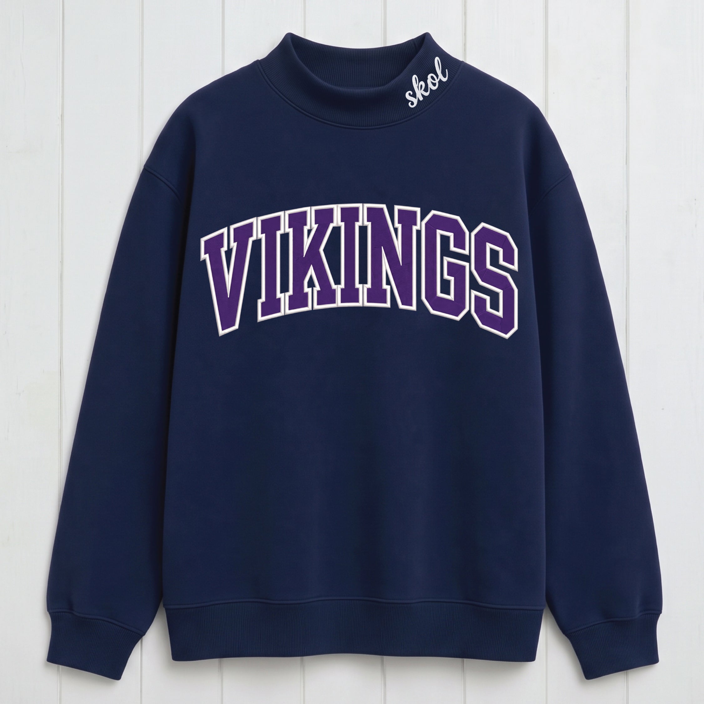 Vikings Chest Appliqué  Embroidered Mock Neck Sweatshirt